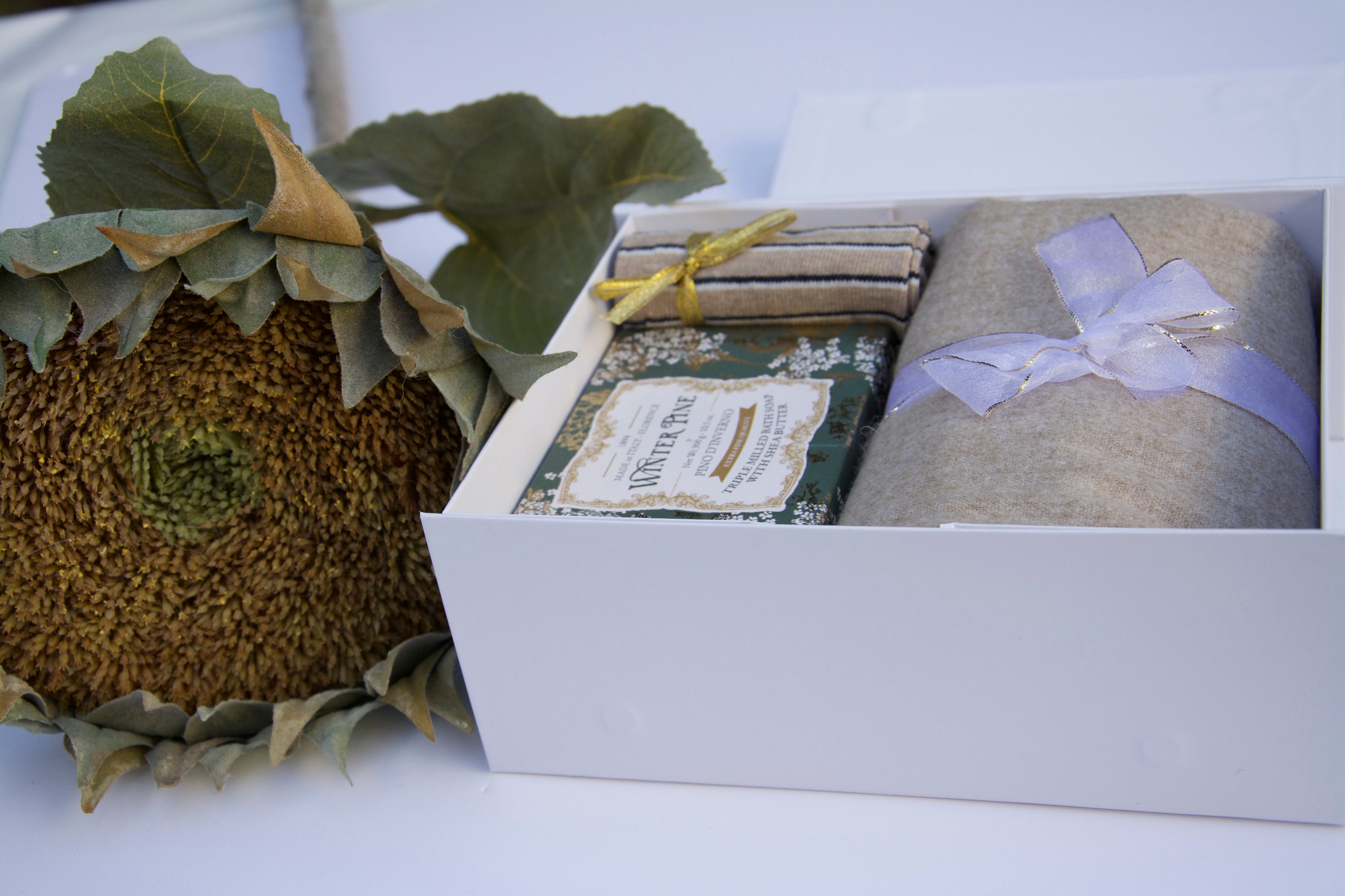 Luxury Christmas Cosy Gift Box – Beige Scarf, Socks & Artisan Soap