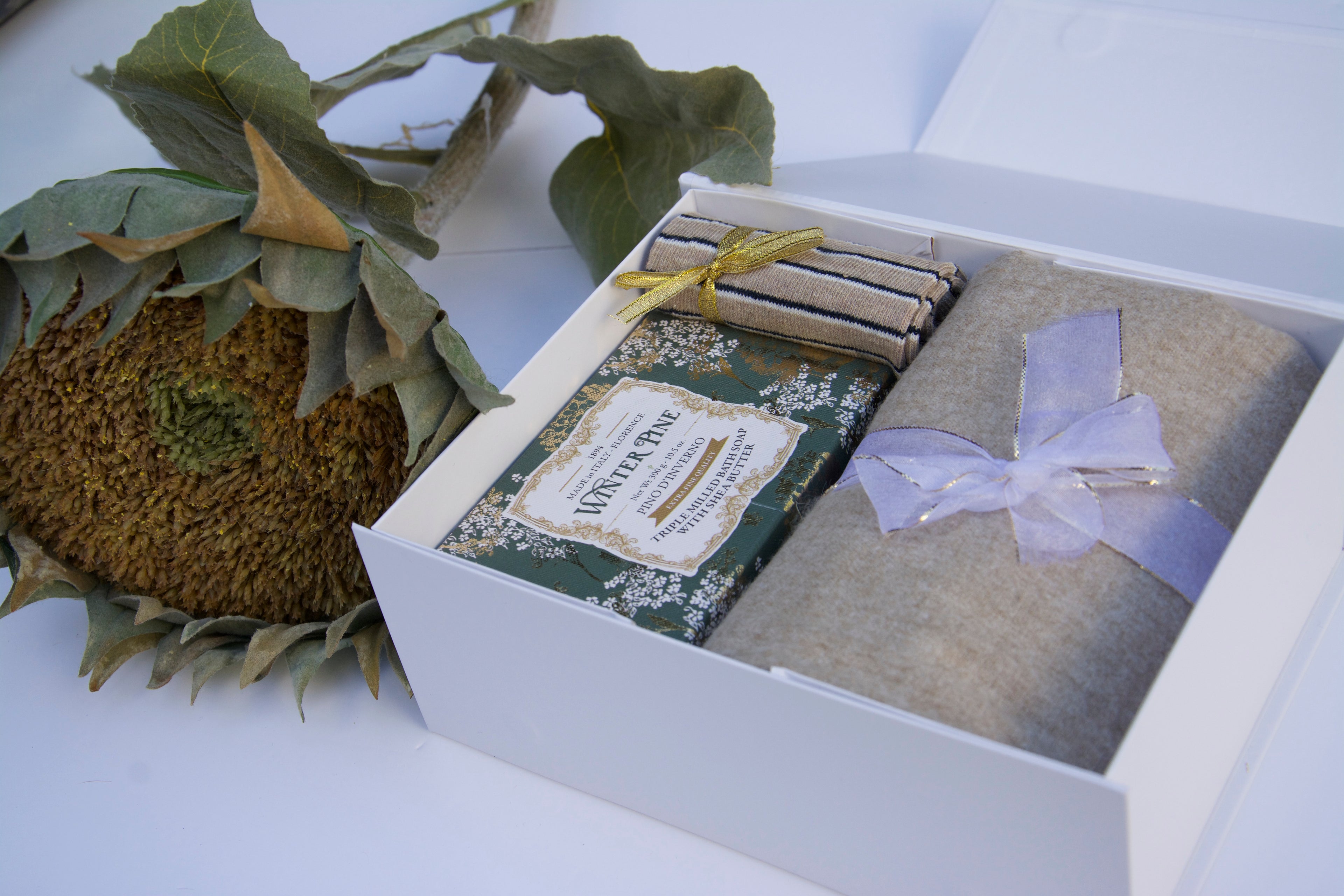 Luxury Christmas Cosy Gift Box – Beige Scarf, Socks & Artisan Soap