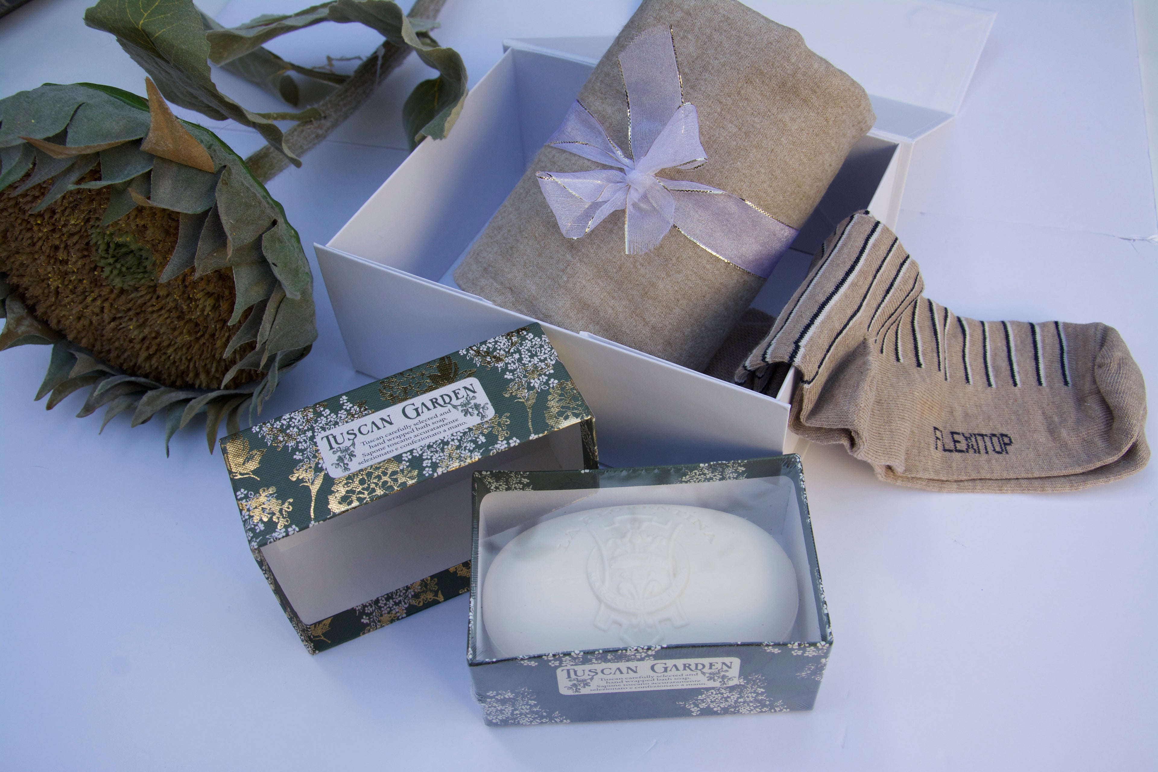 Luxury Christmas Cosy Gift Box – Beige Scarf, Socks & Artisan Soap