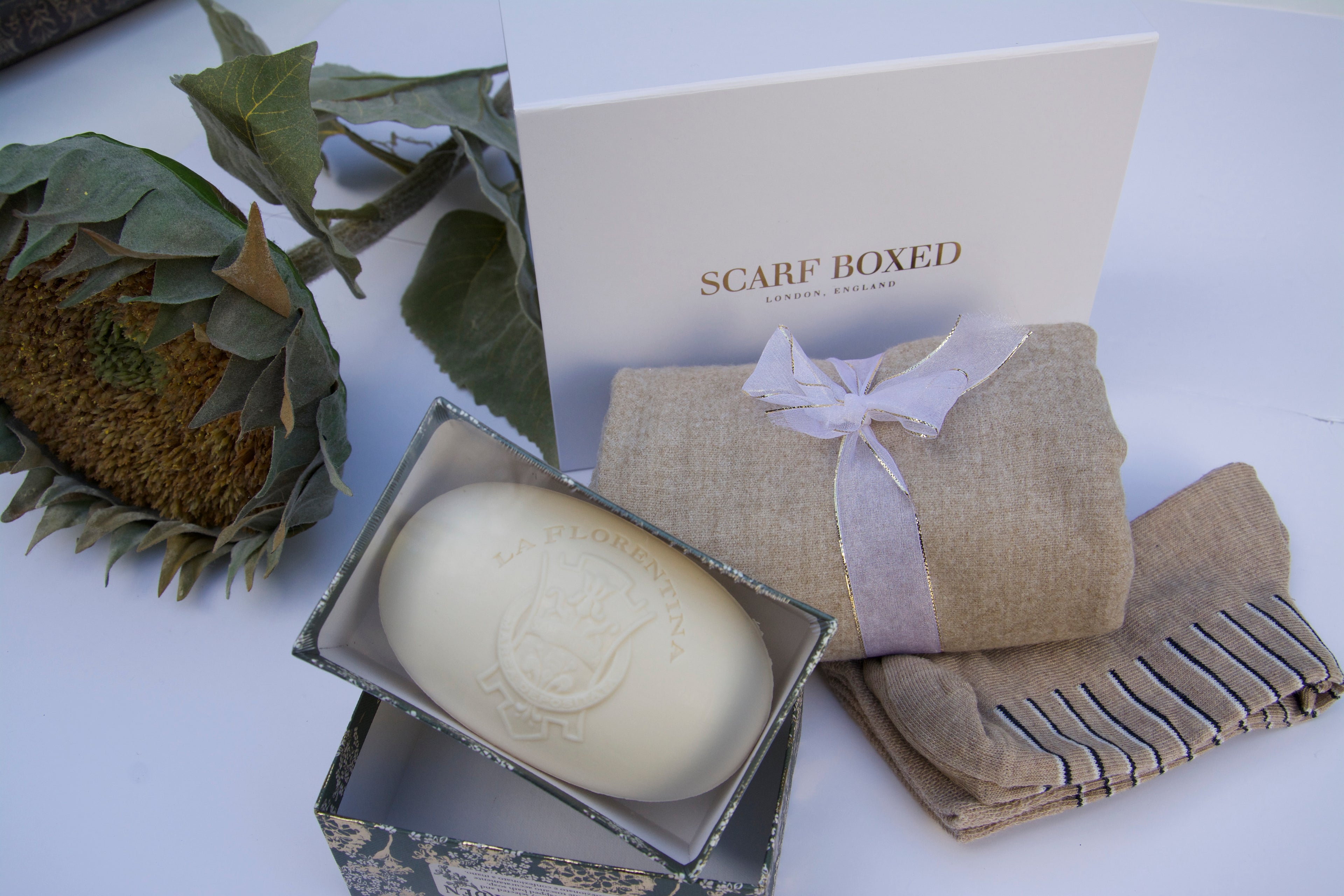 Luxury Christmas Cosy Gift Box – Beige Scarf, Socks & Artisan Soap