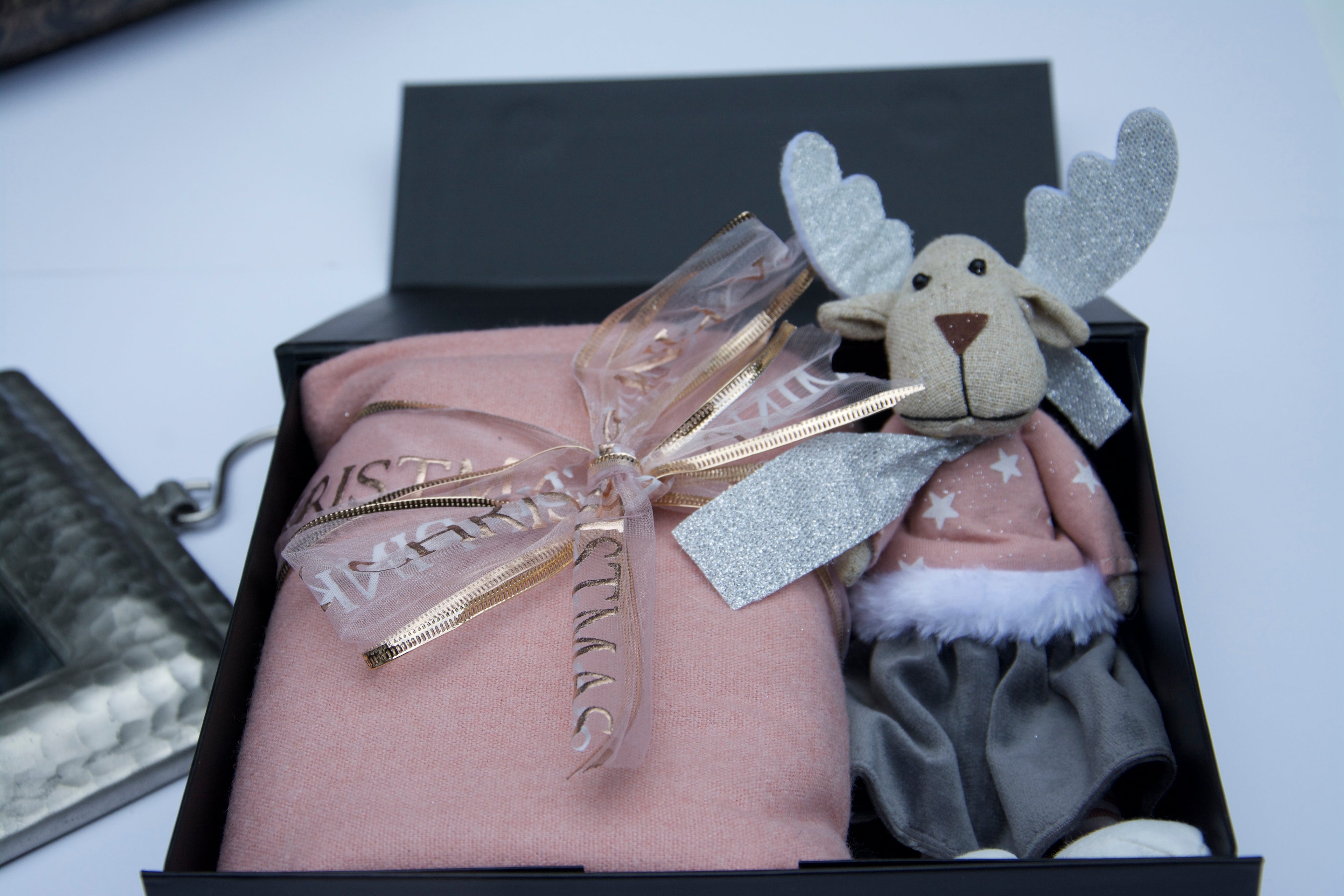 Luxurious pink winter scarf with charming Christmas reindeer gift set