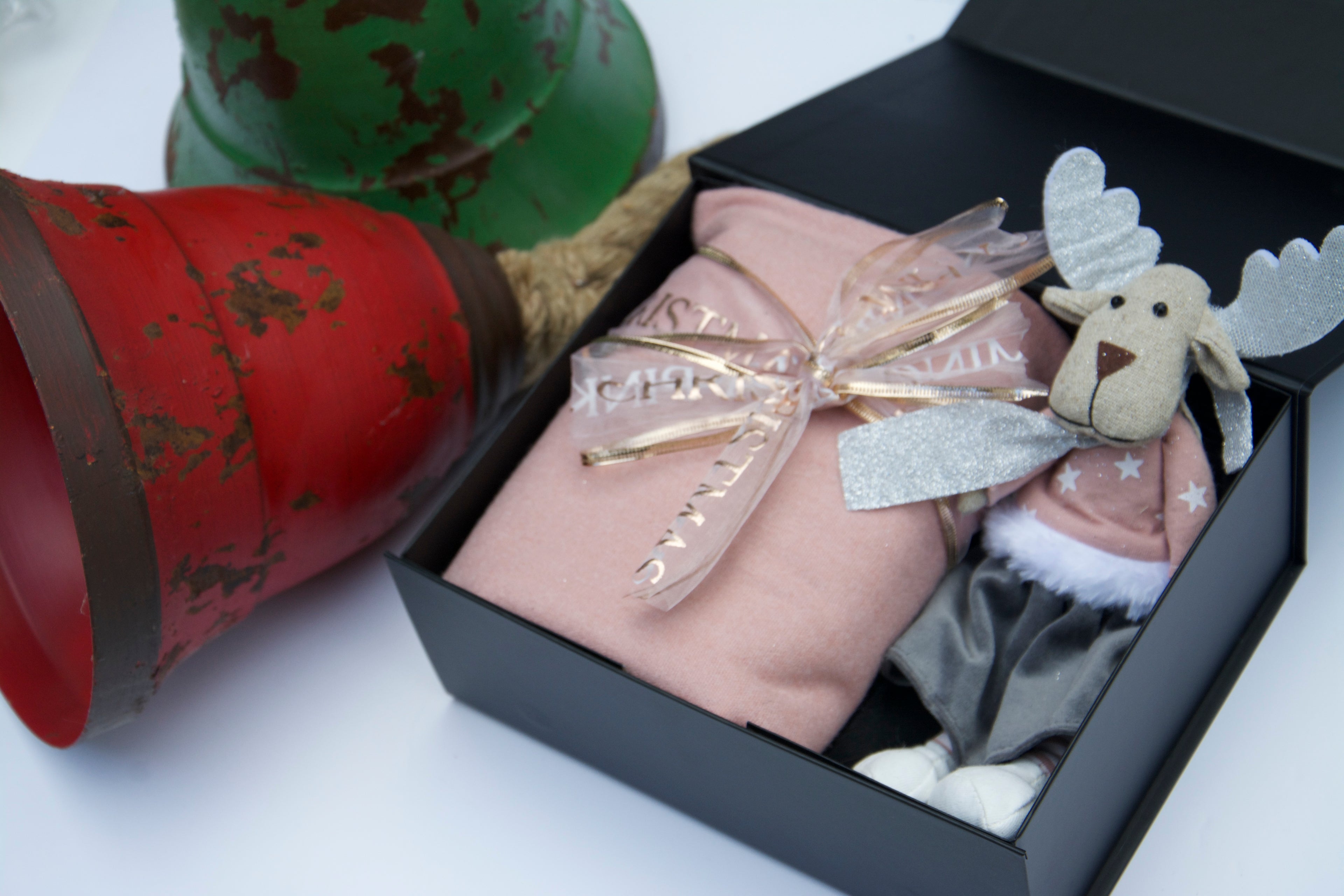 Luxurious pink winter scarf with charming Christmas reindeer gift set