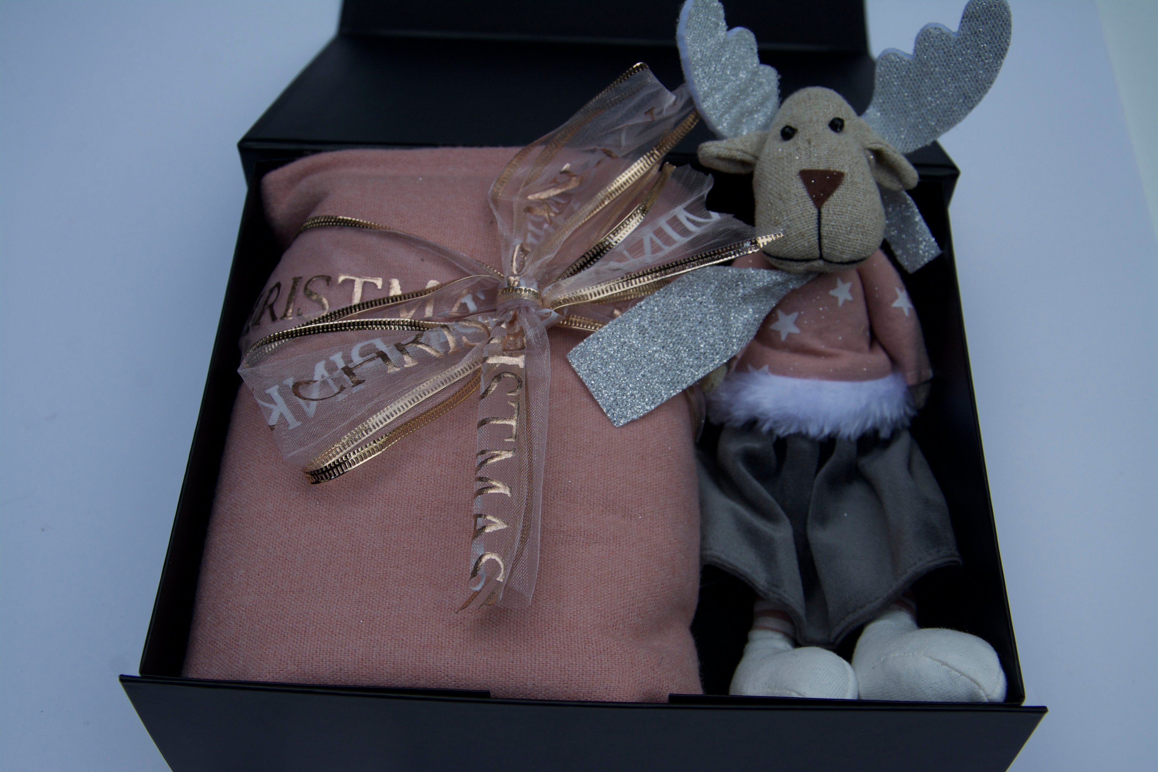 Luxurious pink winter scarf with charming Christmas reindeer gift set