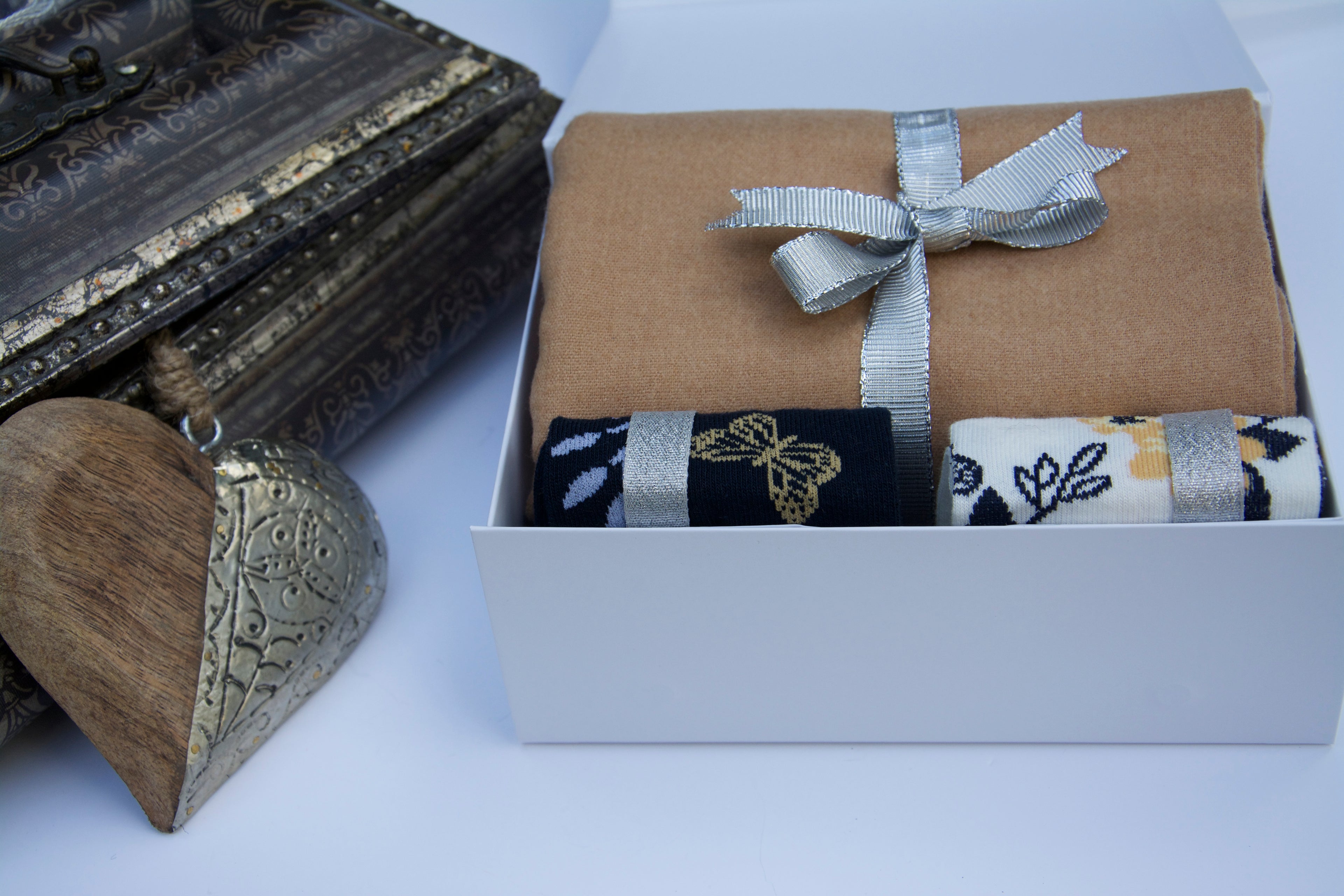 Tan Scarf & Soft Socks Luxury Christmas Gift Set.